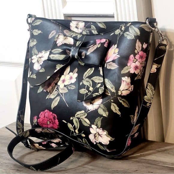 Karl Lagerfeld Handbags - KARL LAGERFELD Black Floral Berry Bow Accent Crossbody Shoulder Bag Purse